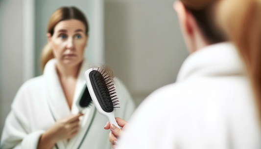 The topic is whether shampoo can cause hair loss. The image shows a concerned woman with a comb full of excessively shed hair
